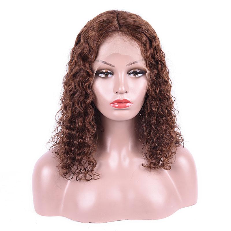 MarchQueen 4# Brown Colored Human Hair Wigs Bob Water Wave Lace Front Wigs With Undetectable Swiss Lace