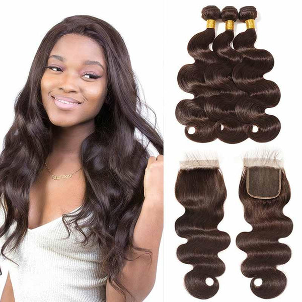 MarchQueen Human Hair 2# Dark Brown Body Wave Hair 3 Bundles With Closure
