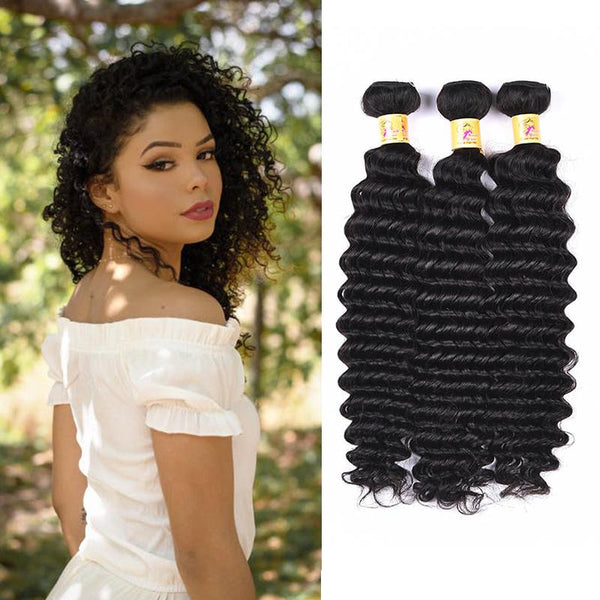 Marchqueen Brazilian Deep Wave Human Hair Weave For Women 3 Bundles Deal 1b#