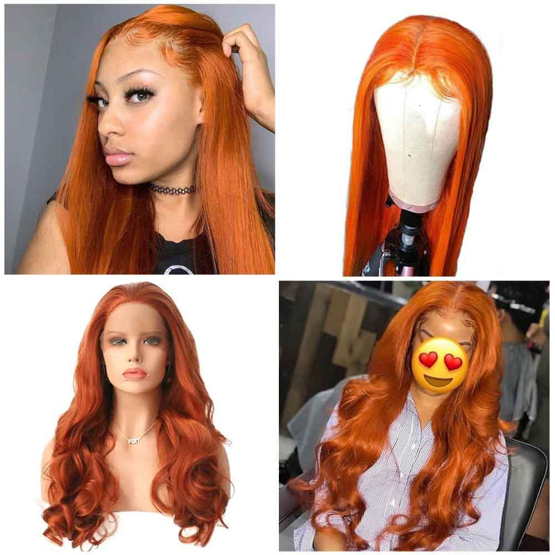 MarchQueen 350 Orange Colored Real Human Hair Wigs 150% Density Remy Hair Lace Front Wig