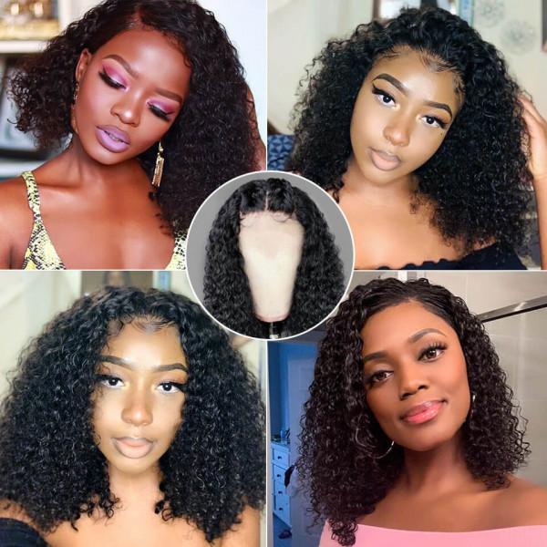 MarchQueen Curly Wave Lace Front Wigs Black Human Hair Bob Wigs High Density For Sale Natural Color 1b#