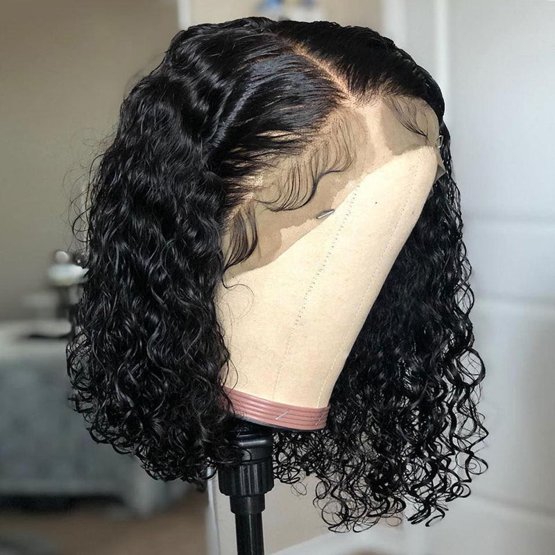 MarchQueen Deep Wave Curly Lace Front Wig Short Bob Human Hair Wig, Pre Plucked,Natural Look