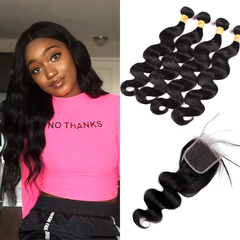 MarchQueen Peruvian Remy Hair Body Wave 4 Bundles With Lace Closure Natural Color 1b#